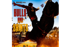 poster for Bulls and Saints; man being thrown from a bull at a rodeo